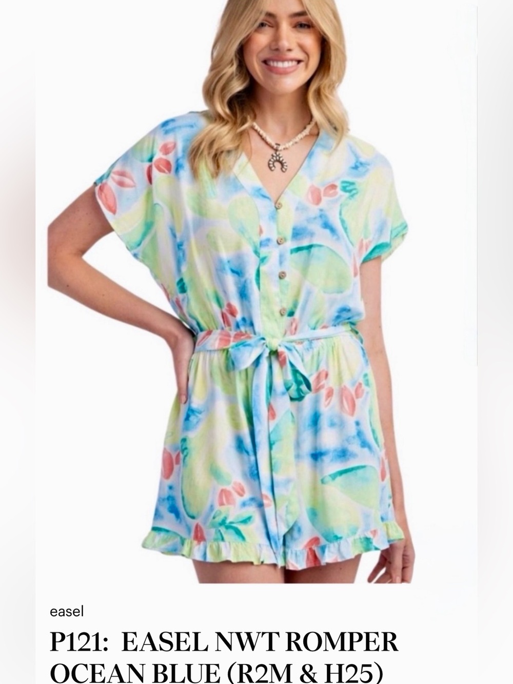 Easel NWT Watercolor Tie-Belt Romper Turquoise, Yellow, Green & Red size Large